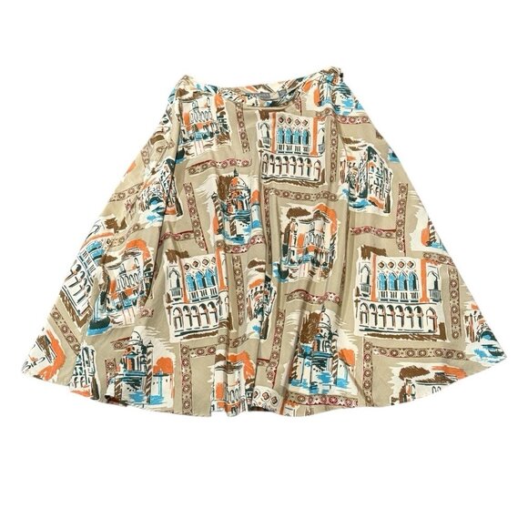 Vintage Kate Hill Size 10P Venice Italy Print Silk Blend Travel Artsy Midi Skirt - Picture 3 of 15